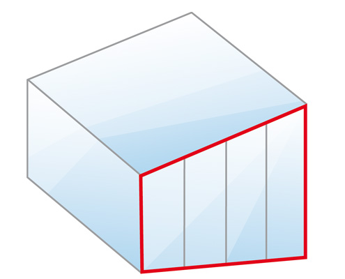 Eine einfache Planzeichnung zeigt eine Glasoase. Das Seitenelement "Super Lite" bietet maximale Transparenz: Unter dem seitlichen Terrazza-Dachträger ermöglicht die Festverglasung das Einfahren vollständig transparenter Fronten, ohne vertikale oder horizontale Verstrebungen.